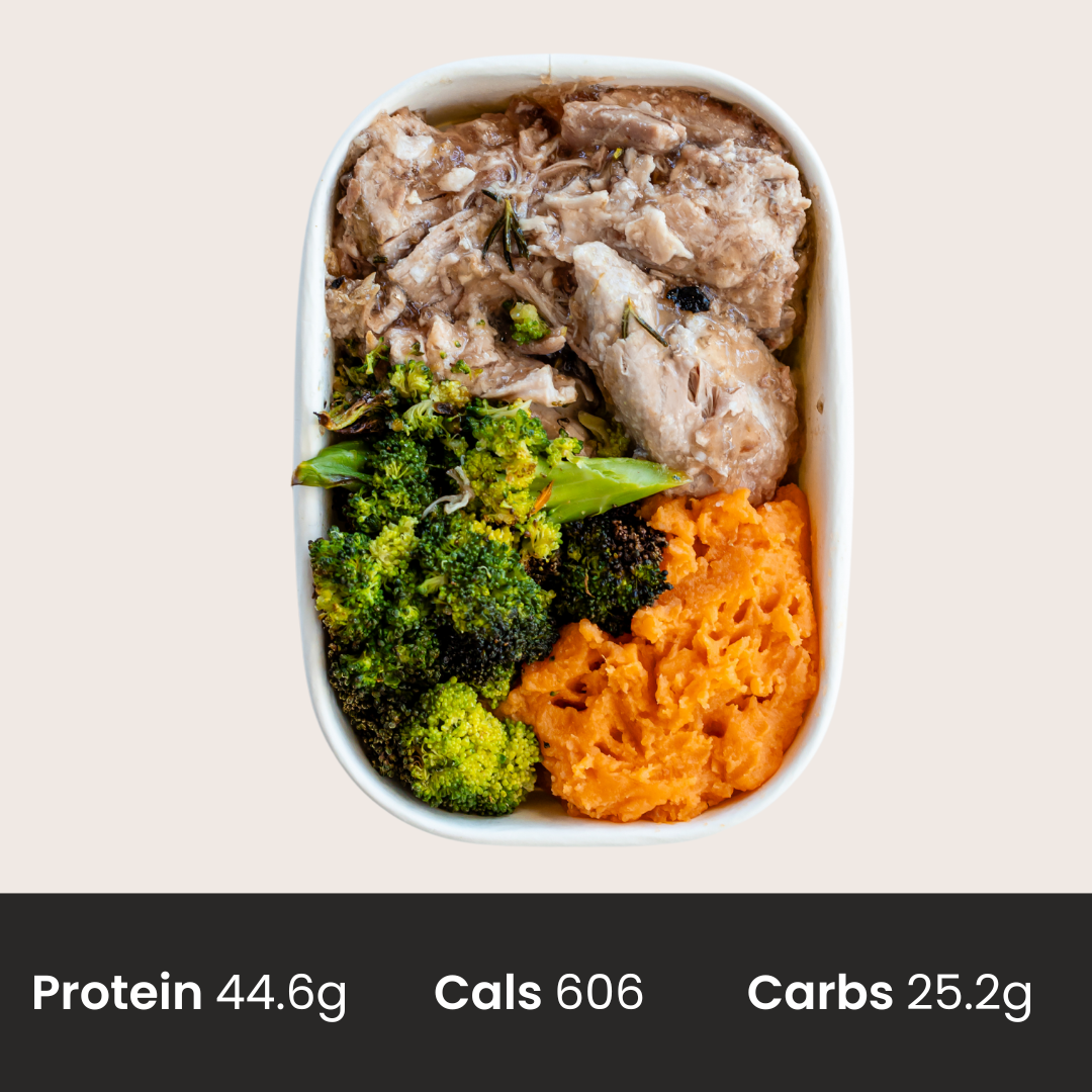 Pulled pork with seasoned Broccoli & Sweet Potato mash