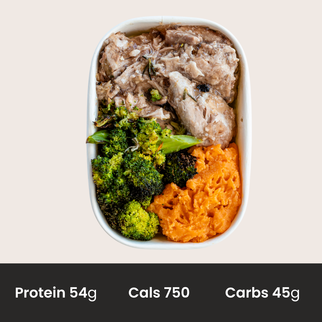 Pulled pork with seasoned Broccoli & Sweet Potato mash with a honey soy glaze