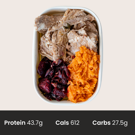 Slow-cooked pulled pork served with Season roasted beetoot & Sweet potato mash with a honey soy glaze