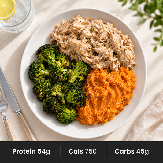 Pulled pork with seasoned Broccoli & Sweet Potato mash with a honey soy glaze