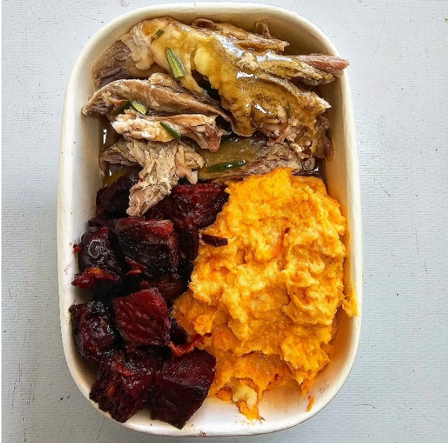 Slow-cooked pulled pork served with Season roasted beetoot & Sweet potato mash