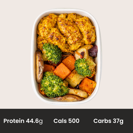 Satay Chicken with seasonal roasted veg